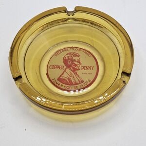 The Copper Penny Coffee Shop Restaurant VTG Amber Gold Glass Ashtray - READ DESC